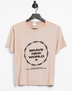 Бежевая футболка для дома с надписью "Вrave New World" Adolescent Clothing-Бежевый