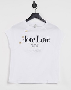 Белая футболка на пуговицах сбоку, с надписью «More Love» River Island-Белый