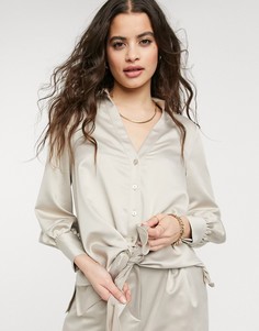 Серо-коричневая рубашка на пуговицах с завязками спереди от комплекта Style Cheat-Бежевый