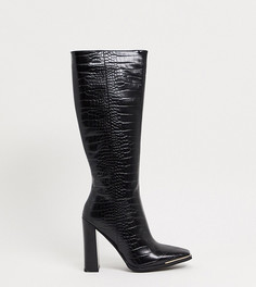 Черные сапоги до колена для широкой стопы с эффектом крокодиловой кожи и металлической отделкой Simmi London Wide Fit Melisa-Черный цвет