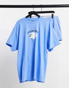 Голубой пижамный комплект из футболки и шорт с принтом овечки и надписью "Counting Sheep" Heartbreak