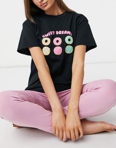 Пижамный комплект из футболки и брюк черно-розового цвета с принтом пончиков и надписью "Sweet Dreams" Heartbreak-Многоцветный