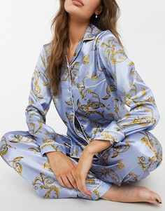 Атласный пижамный комплект из рубашки и брюк с принтом в стиле барокко Night-Многоцветный