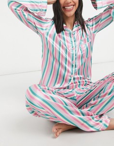 Атласный пижамный комплект с рубашкой и брюками в полоску Night-Многоцветный