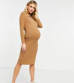 Облегающее платье миди в рубчик с высокой горловиной и вырезами Fashion Union Maternity-Коричневый цвет
