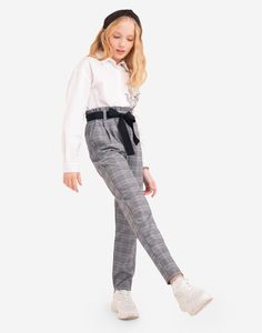 Клетчатые брюки Paperbag с поясом для девочки Gloria Jeans