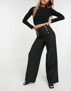 Черные классические брюки с широкими штанинами и декоративными пуговицами Flounce London-Черный цвет