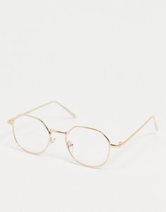 Модные очки в круглой, угловатой оправе золотистого цвета с прозрачными стеклами ASOS DESIGN-Золотистый