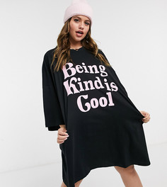 Черное платье-футболка в стиле oversized с принтом "Being Kind is Cool" ASOS DESIGN Curve-Черный цвет