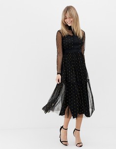 Платье миди из тюля с длинными рукавами в горошек Lace & Beads-Черный