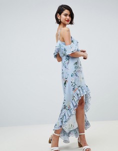 Платье миди с открытыми плечами и цветочным принтом River Island-Синий
