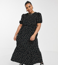 Черное вельветовое платье миди свободного кроя со сборками и цветочным принтом ASOS DESIGN Curve-Многоцветный