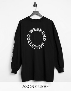 Черный oversized-лонгслив с логотипом на спине ASOS Weekend Collective Curve-Черный цвет