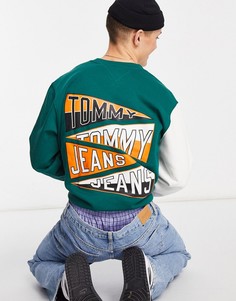 Серый меланжевый свитшот с разноцветными вставками в стиле колор блок с логотипом на спине в виде университетских флажков Tommy Jeans Timeless