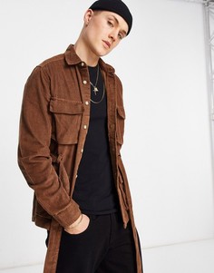 Коричневая вельветовая рубашка-куртка с поясом и карманами ASOS DESIGN-Коричневый цвет