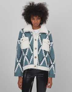 Многоцветный кардиган с воротником из искусственного меха Bershka-Голубой