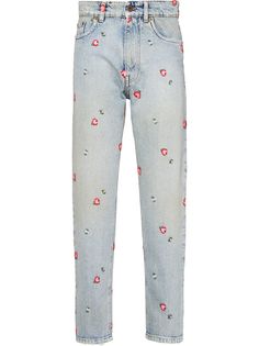 Miu Miu зауженные джинсы с цветочной вышивкой