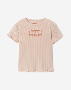 Бежевая футболка с принтом Sweet dreams для девочки Gloria Jeans