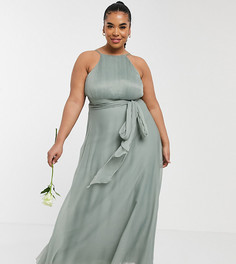 Оливковое платье-сарафан макси со сборками и завязками на талии ASOS DESIGN Curve Bridesmaid-Зеленый цвет
