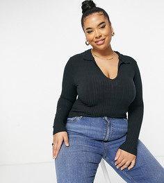 Черное облегающее поло в рубчик с длинными рукавами ASOS DESIGN Curve-Черный цвет