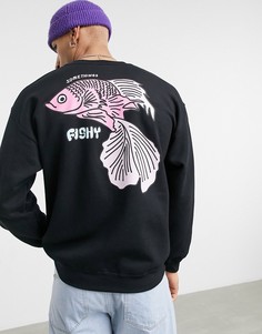Черный свитшот с принтом в виде рыбки и надписью "Somethings Fishy" New Love Club-Черный цвет