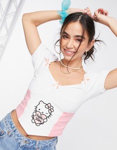 Кроп-топ в корсетном стиле с квадратным вырезом, чашечками и принтом New Girl Order x Hello Kitty-Белый