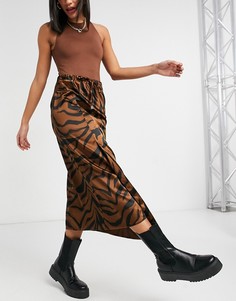 Атласная юбка миди со звериным принтом Topshop-Коричневый цвет
