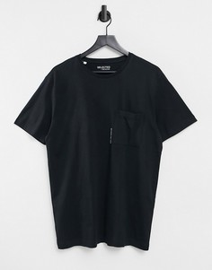 Черная свободная футболка с принтом на кармане Selected Homme-Черный цвет