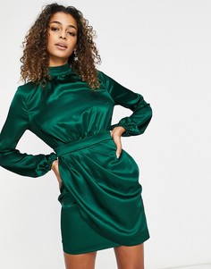 Атласное асимметричное платье мини с объемными рукавами сине-зеленого цвета Club L London-Зеленый цвет
