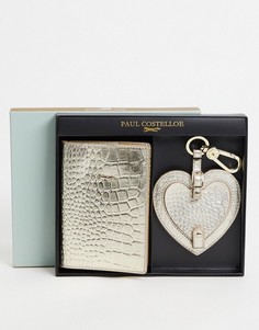 Подарочный набор с кожаной обложкой для паспорта и брелоком в форме сердца золотистого цвета с крокодиловым узором Paul Costelloe-Золотистый