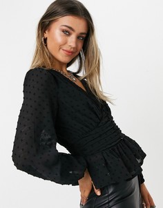 Черная блузка из ткани добби со сборками спереди New Look-Черный цвет