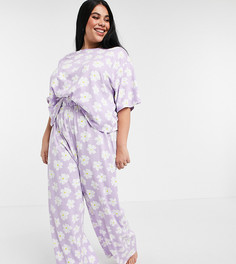 Сиреневый пижамный комплект с широкими брюками и футболкой с цветочным принтом ASOS DESIGN Curve-Фиолетовый цвет