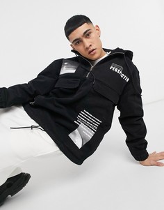 Черная джинсовая куртка без застежки с принтом Bershka-Черный цвет