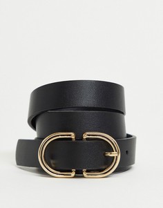 Черный узкий ремень из искусственной кожи с золотистой круглой пряжкой ASOS DESIGN-Черный цвет