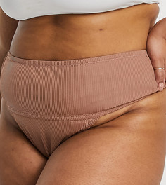 Темно-бежевые бесшовные трусы с высоким вырезом, в рубчик ASOS DESIGN Curve-Бежевый
