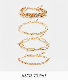 Набор из 4 золотистых массивных браслетов-цепочек с разным дизайном ASOS DESIGN Curve-Золотистый