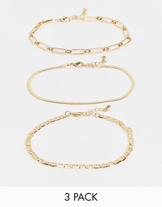 Набор из 3 золотистых браслетов на ногу в виде цепочек с разным дизайном звеньев и с плетением «елочкой» ASOS DESIGN-Золотистый
