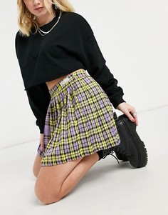 Теннисная юбка в комбинированную клетку фиолетового и желтого цвета Bershka-Многоцветный