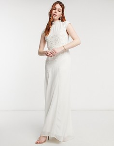 Платье макси цвета слоновой кости с открытой спиной, отделкой бусинами и цветочным узором Hope & Ivy Bridal-Белый