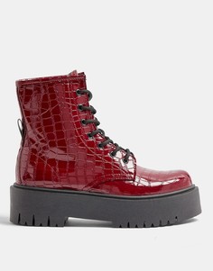 Бордовые лакированные ботинки с узором крокодиловой кожи на толстой подошве Topshop-Красный
