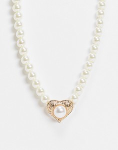 Ожерелье с искусственным жемчугом и золотистой подвеской-сердечком ASOS DESIGN-Золотистый
