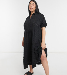 Черное ярусное платье-рубашка миди с узором бродери и короткими рукавами ASOS DESIGN Curve-Черный цвет