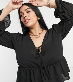 Черная блузка со сборками на рукавах и завязкой спереди Urban Bliss Plus-Черный цвет