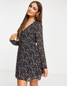 Чайное платье с длинными рукавами и цветочным принтом Missguided-Черный цвет