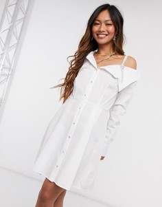 Белое платье-рубашка мини на одно плечо со стразами River Island-Белый