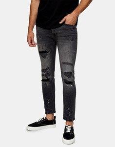 Черные выбеленные зауженные джинсы со рваной отделкой и краской Topman-Черный цвет