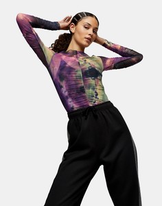 Сетчатый топ с драпировкой и разноцветными принтом Topshop-Многоцветный