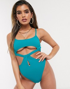 Бирюзовый слитный купальник с высоким вырезом по бедру Missguided-Зеленый цвет