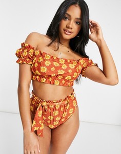 Бикини-топ с открытыми плечами, пышными рукавами и принтом "Одуванчики" Juicy Couture Good Morning Miss Daisy-Многоцветный
