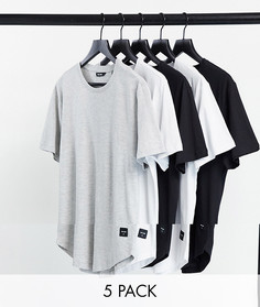 Набор из 5 длинных футболок черного, белого и серого цвета с закругленным краем Only & Sons-Многоцветный